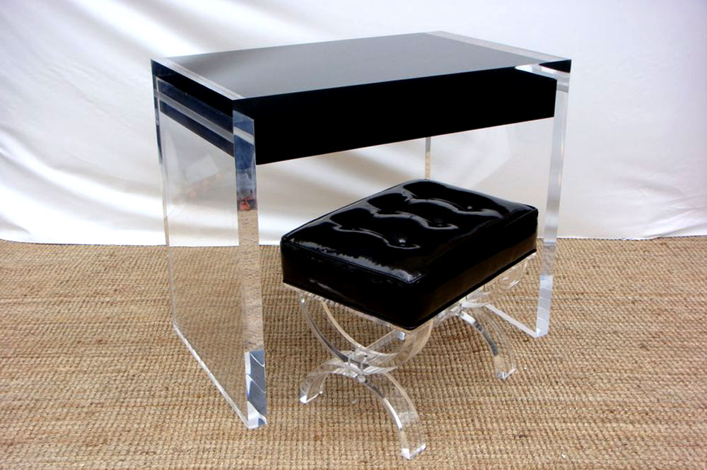 Acrylic Lucite writing desk and boutique ottoman