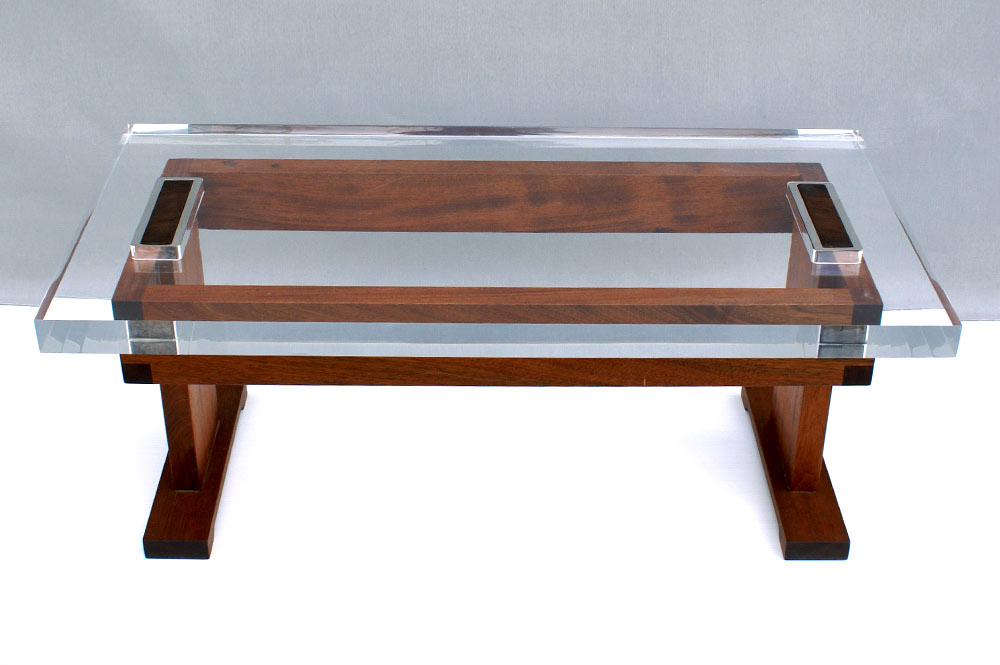 Lucite Lux Acrylic Honduras Mahogany and Stainless Steel Manhattan table
